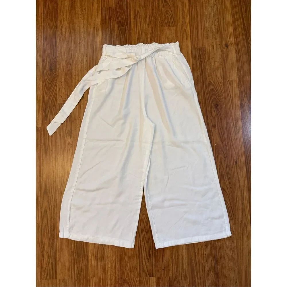 Love Tree Women’s High Waisted Belted Cropped Wide Leg Pants White Size Medium